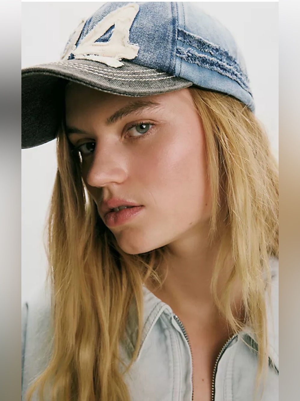 NWT FREE PEOPLE HOLLIE DENIM VARSITY BASEBALL HAT DENIM BLUE